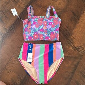 Floral & Stripe High-Waist Two-Piece Swimsuit - Purple/